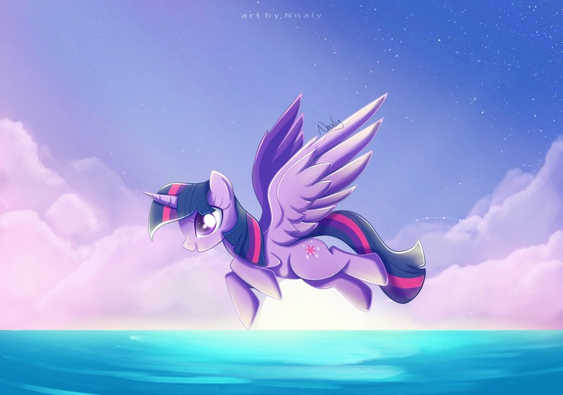 Size: 2580x1813 | Tagged: safe, artist:nnaly, artist:nnalyart, derpibooru import, twilight sparkle, twilight sparkle (alicorn), alicorn, pony, cloud, female, flying, g4, high res, image, jpeg, mare, ocean, open mouth, open smile, signature, sky, smiling, solo, spread wings, stars, sun, water, wings