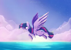Size: 2580x1813 | Tagged: safe, artist:nnaly, artist:nnalyart, derpibooru import, twilight sparkle, twilight sparkle (alicorn), alicorn, pony, cloud, female, flying, g4, high res, image, jpeg, mare, ocean, open mouth, open smile, signature, sky, smiling, solo, spread wings, stars, sun, water, wings