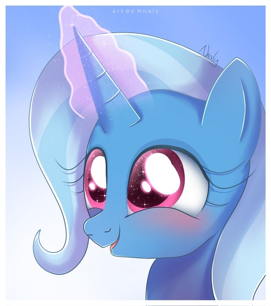 Size: 2000x2260 | Tagged: safe, artist:nnaly, artist:nnalyart, derpibooru import, trixie, pony, unicorn, blushing, bust, cute, diatrixes, female, g4, glow, glowing horn, high res, horn, image, jpeg, magic, magic aura, mare, open mouth, open smile, portrait, signature, smiling, solo, sparkly eyes, wingding eyes