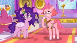 Size: 3072x1727 | Tagged: safe, derpibooru import, screencap, pipp petals, pegasus, pony, g5, my little pony: tell your tale, spoiler:g5, spoiler:my little pony: tell your tale, spoiler:tyts01e64, duo, duo female, eyebrows, female, frown, image, jpeg, mane melody (location), mare, messy mane, raised eyebrow, very bad hair day, windy (g5)