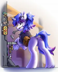 Size: 1396x1741 | Tagged: safe, artist:ravistdash, derpibooru import, oc, unofficial characters only, pony, unicorn, bag, female, headset, image, jpeg, mare, mechanic, mouth hold, saddle bag, screwdriver, solo, wrench