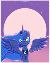 Size: 2072x2580 | Tagged: safe, artist:nnaly, artist:nnalyart, derpibooru import, princess luna, alicorn, pony, ethereal mane, female, full moon, g4, galaxy mane, high res, horn, image, jpeg, looking at you, mare, moon, night, night sky, signature, sky, solo, sparkly eyes, spread wings, stars, wingding eyes, wings