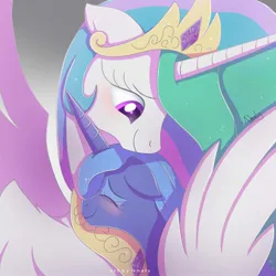 Size: 2000x2000 | Tagged: safe, artist:nnaly, artist:nnalyart, derpibooru import, princess celestia, princess luna, alicorn, pony, friendship is magic, beautiful, blushing, crown, duo, duo female, eyes closed, female, floppy ears, g4, gradient background, high res, horn, hug, image, jewelry, jpeg, mare, multicolored mane, regalia, reunion, royal sisters, s1 luna, scene interpretation, sibling love, siblings, signature, sisterly love, sisters, smiling, winghug, wings