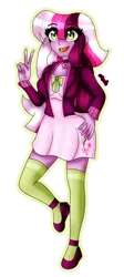 Size: 1269x2829 | Tagged: safe, artist:dazzlingmimi, derpibooru import, cherry blossom (g3), human, equestria girls, g3, clothes, cutie mark, cutie mark on clothes, equestria girls-ified, g3 to equestria girls, generation leap, image, not cheerilee, open mouth, peace sign, png, simple background, transparent background