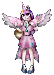 Size: 3443x4769 | Tagged: safe, artist:dazzlingmimi, derpibooru import, idw, princess cadance, human, reflections, spoiler:comic, evil cadance, evil grin, grin, horn, horned humanization, human cadance, human coloration, humanized, image, png, simple background, smiling, transparent background, winged humanization, wings