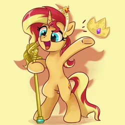 Size: 3000x3000 | Tagged: safe, artist:brella, derpibooru import, sunset shimmer, pony, unicorn, bipedal, crown, female, g4, high res, horn, image, jewelry, mare, open mouth, open smile, png, regalia, scepter, signature, simple background, smiling, solo, underhoof, yellow background