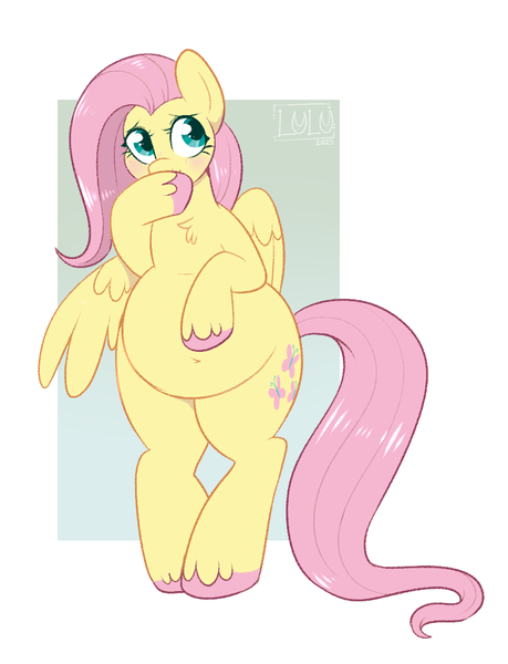 Size: 794x1038 | Tagged: safe, artist:lulubell, derpibooru import, fluttershy, pegasus, pony, adorafatty, belly, belly button, big belly, bipedal, blushing, chubby, cute, fat, fattershy, female, freckles, image, mare, png, shyabetes, solo