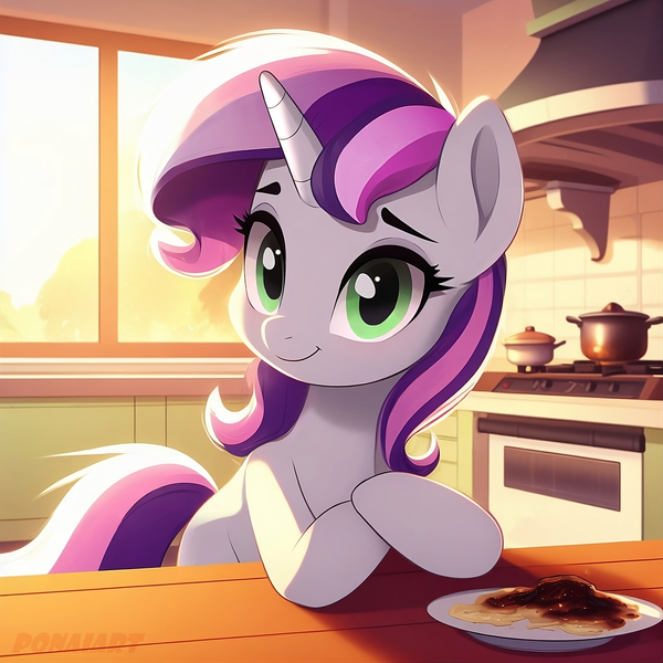 Size: 2048x2048 | Tagged: safe, artist:ponaiart, derpibooru import, machine learning generated, sweetie belle, pony, unicorn, friendship is magic, sisterhooves social, ai content, female, g4, image, mare, missing cutie mark, my little pony, png, solo