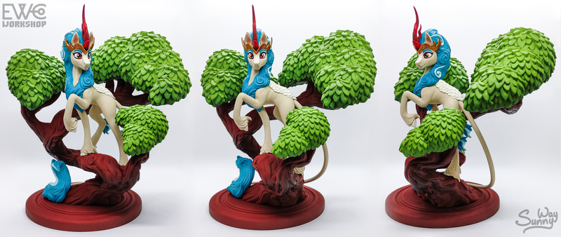 Size: 1600x676 | Tagged: safe, artist:ewc workshop, artist:sunny way, derpibooru import, rain shine, kirin, pony, 3d print, artwork, craft, feral, figurine, full body, happy, hooves, horn, image, irl, jewelry, leaves, painting, photo, png, queen, regalia, sculpture, smiling, solo, statue, tail, tree