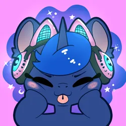 Size: 3319x3319 | Tagged: safe, artist:cutepencilcase, derpibooru import, princess luna, alicorn, pony, gamer luna, :3, :p, cat ears, chibi, eyes closed, headphones, image, pink background, png, simple background, solo, tongue out