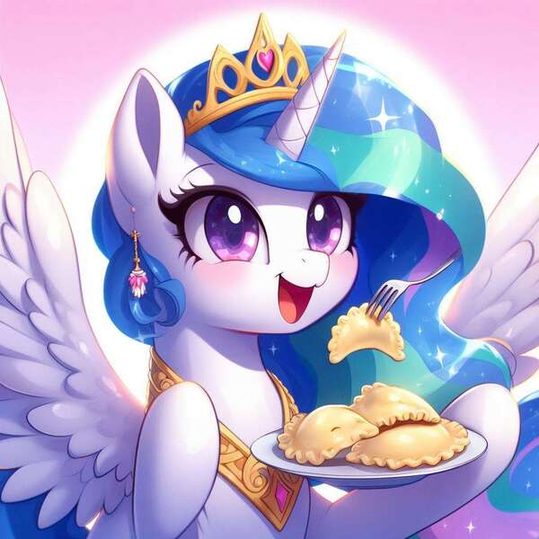 Size: 1024x1024 | Tagged: safe, derpibooru import, machine learning generated, princess celestia, alicorn, ai content, cute, cutelestia, food, fork, generator:bing image creator, generator:dall-e 3, happy, image, jewelry, jpeg, pierogi, prompter:k.r.e.d.k.e, regalia, weapons-grade cute