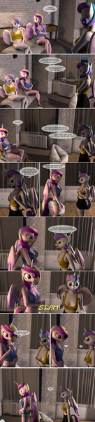 Size: 1440x6353 | Tagged: questionable, artist:spud, derpibooru import, princess cadance, princess flurry heart, oc, oc:junebug (spud), anthro, comic:caught, 3d, angry, anthro oc, argument, bed, breasts, comic, dialogue, disguise, disguised changeling, female, image, jpeg, looking at each other, looking at someone, mother and child, mother and daughter, nipples, not flurry heart, nudity, on bed, pointing, relief, shocked, shocked expression, sitting, sitting on bed, source filmmaker, speech bubble, surprised, talking, undressing, yelling