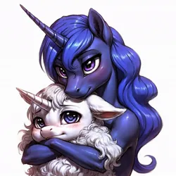 Size: 1026x1026 | Tagged: safe, derpibooru import, machine learning generated, princess luna, oc, anthro, unicorn, ai content, cute, duo, ear fluff, hug, image, jpeg, muscles, prompter:ruberoid, shading, simple background, slim, thin, white background