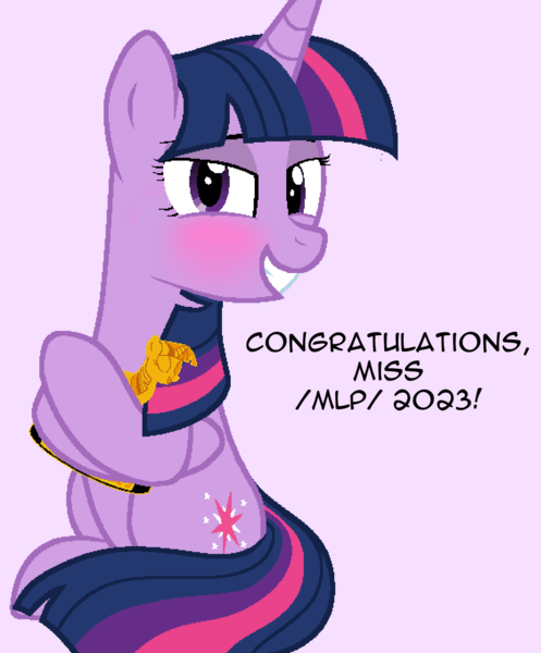 Size: 1126x1358 | Tagged: safe, artist:realdash, derpibooru import, twilight sparkle, pony, unicorn, /mlp/, 4chan, aggie.io, blushing, female, image, lidded eyes, looking at you, mare, miss /mlp/, miss /mlp/ 2023, pixel art, png, sitting, smiling, smiling at you, solo, tail, tail wrap, teeth, text, trophy, unicorn twilight
