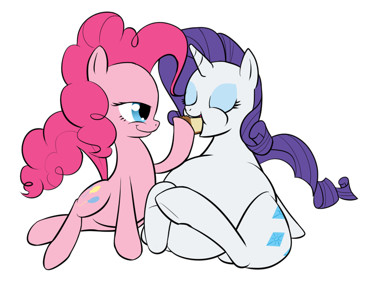 Size: 1378x1072 | Tagged: questionable, artist:famiconprime, derpibooru import, pinkie pie, rarity, earth pony, pony, unicorn, cake, cheesecake, duo, duo female, eating, female, food, image, jpeg, mare, simple background, this will end in weight gain, white background