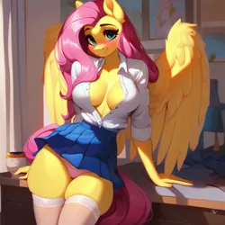 Size: 4096x4096 | Tagged: suggestive, derpibooru import, machine learning generated, fluttershy, anthro, pegasus, ai content, blushing, breasts, busty fluttershy, clothes, cutout, flutterthighs, image, jpeg, leaning back, living room, looking at you, muffin top, open clothes, open shirt, prompter:artificial igloo, school uniform, skirt, skirt lift, smiling, smiling at you, socks, spread wings, standing, stockings, thigh highs, underwear, wings