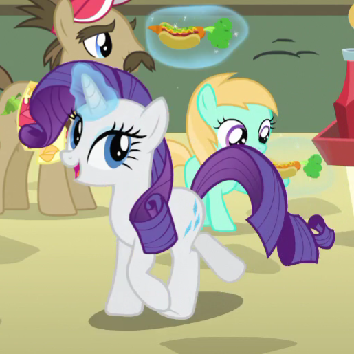 Size: 515x515 | Tagged: safe, derpibooru import, edit, edited screencap, screencap, globe trotter, rarity, rosy gold, earth pony, pony, unicorn, rarity takes manehattan, season 4, carrot, carrot dog, cropped, fast food, female, filly, foal, food, food stand, generosity, generosity song, glow, glowing horn, happy, horn, image, ketchup, male, manehattan, png, sauce, street food
