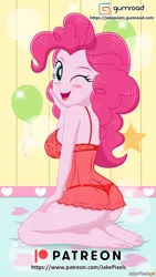 Size: 480x854 | Tagged: suggestive, artist:jakepixels, derpibooru import, pinkie pie, human, equestria girls, adorasexy, balloon, balloonbutt, barefoot, blushing, breasts, busty pinkie pie, butt, clothes, cute, feet, female, from behind, image, kneeling, lingerie, looking at you, one eye closed, open mouth, open smile, panties, patreon, patreon logo, png, see-through, sexy, sideboob, smiling, solo, stupid sexy pinkie, thong, underwear, wink