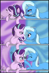 Size: 1276x1920 | Tagged: safe, artist:mranthony2, derpibooru import, starlight glimmer, trixie, pony, unicorn, :p, :t, blushing, boop, caught, comic, crawling, cute, eye clipping through hair, eyebrows, eyebrows visible through hair, eyes closed, female, image, lesbian, lying down, noseboop, onomatopoeia, png, shipping, simple background, smiling, startrix, tongue out
