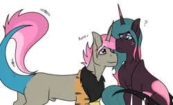 Size: 1024x623 | Tagged: suggestive, artist:katpocketmonster, derpibooru import, oc, oc:jam drop, oc:molasses, changepony, hybrid, pony, unicorn, duo, female, gay, image, interspecies offspring, jpeg, magical lesbian spawn, male, mare, nudity, offspring, parent:princess cadance, parent:queen chrysalis, parents:cadalis, purring, sheath, shipping, simple background, stallion, white background
