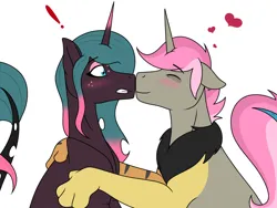Size: 1280x960 | Tagged: safe, artist:katpocketmonster, derpibooru import, oc, oc:jam drop, oc:molasses, unofficial characters only, changepony, hybrid, pony, unicorn, blushing, duo, gay, heart, image, interspecies offspring, jpeg, kissing, magical lesbian spawn, male, offspring, parent:princess cadance, parent:queen chrysalis, parents:cadalis, simple background, white background
