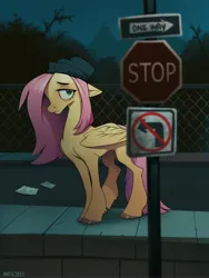 Size: 3000x4000 | Tagged: safe, artist:hattiezazu, derpibooru import, fluttershy, pegasus, pony, alternate hairstyle, concave belly, female, hat, image, jpeg, lidded eyes, looking at you, mare, solo, stop sign, street sign