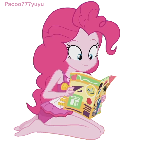 Size: 608x600 | Tagged: safe, artist:pacoo777yuyu7, derpibooru import, pinkie pie, human, equestria girls, barefoot, feet, female, image, magazine, png, reading, simple background, smiling, solo, transparent background