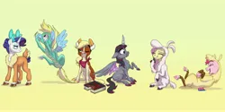 Size: 6000x3000 | Tagged: safe, artist:cocadoodles, derpibooru import, applejack, arizona cow, fluttershy, oleander (tfh), paprika paca, pinkie pie, pom lamb, rainbow dash, rarity, tianhuo, twilight sparkle, twilight sparkle (alicorn), velvet reindeer, alicorn, earth pony, insect, ladybug, pegasus, pony, unicorn, them's fightin' herds, absurd resolution, arizona (tfh), bodypaint, bodysuit, book, chest fluff, clothes, cloven hooves, coccinellidaephobia, community related, costume, eye clipping through hair, eyebrows, eyebrows visible through hair, eyes closed, fake horns, female, fightin' six, grin, image, jpeg, laughing, lying down, mane six, mare, neckerchief, nightmare night costume, on back, one eye closed, paprika (tfh), pom (tfh), scared, simple background, sitting, smiling, stepping on tail, tianhuo (tfh), twilight hates ladybugs, unicornomicon, wig, wink, yellow background