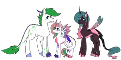 Size: 1264x632 | Tagged: suggestive, artist:katpocketmonster, derpibooru import, oc, oc:aura, oc:molasses, oc:yoshi, unofficial characters only, changepony, dracony, dragon, hybrid, pony, image, interspecies offspring, magical lesbian spawn, male, nudity, offspring, parent:princess cadance, parent:queen chrysalis, parents:cadalis, png, sheath, shipping, simple background, stallion, transparent background
