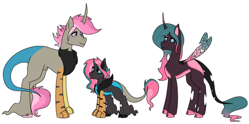 Size: 1264x632 | Tagged: suggestive, artist:katpocketmonster, derpibooru import, oc, oc:dimitri, oc:jam drop, oc:molasses, changepony, draconequus, hybrid, pony, image, interspecies offspring, magical lesbian spawn, male, nudity, offspring, parent:princess cadance, parent:queen chrysalis, parents:cadalis, png, sheath, shipping, simple background, stallion, transparent background