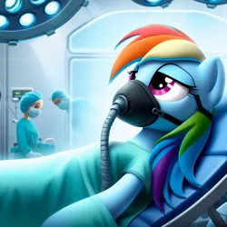 Size: 1024x1024 | Tagged: safe, derpibooru import, machine learning generated, rainbow dash, human, ai content, anesthesia, anesthesia mask, black anesthesia mask, breathing mask, clothes, doctor, generator:bing image creator, hose, hospital gown, image, jpeg, mask, scrubs (gear), sedation, surgeon, surgery, surgical mask