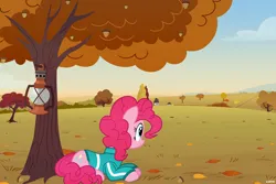 Size: 6000x4000 | Tagged: safe, artist:a4r91n, derpibooru import, pinkie pie, earth pony, pony, acorn, autumn, clothes, image, jacket, lamp, leaves, lying down, png, prone, tree
