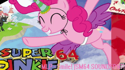 Size: 1920x1080 | Tagged: safe, artist:nickyv917, artist:pyrogaming, derpibooru import, pinkie pie, changeling, earth pony, pony, animated, game cover, image, music, nintendo 64, remix, smile song, smiling, song, super mario 64, super mario bros., webm