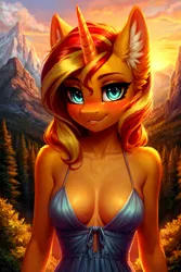 Size: 768x1152 | Tagged: suggestive, derpibooru import, machine learning generated, stable diffusion, sunset shimmer, anthro, unicorn, absolute cleavage, ai content, blushing, breasts, cleavage, clothes, cloud, cute, detailed background, dress, ear fluff, forest, horn, image, looking at you, mountain, outdoors, png, prompter:endless--, scenery, sexy, sky, smiling, smiling at you, solo, standing, tree