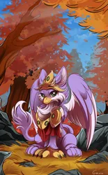 Size: 2433x3915 | Tagged: safe, artist:conrie, derpibooru import, oc, unofficial characters only, gryphon, armor, autumn, clothes, colored wings, commission, crown, eared griffon, feral, forest, grass, griffon oc, image, jewelry, looking at you, male, outdoors, paws, png, regalia, rock, scenery, sitting, solo, talons, tree, two toned wings, wings