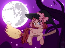 Size: 6000x4500 | Tagged: safe, artist:cursedsooooul, derpibooru import, oc, unofficial characters only, pegasus, pony, blushing, broom, commission, cute, female, flying, flying broomstick, full moon, hat, image, mare, mare in the moon, moon, png, solo, tree, witch, witch hat, ych result