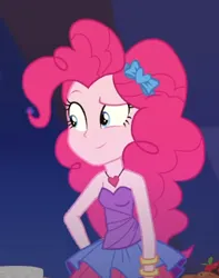 Size: 284x361 | Tagged: safe, derpibooru import, screencap, pinkie pie, equestria girls, equestria girls series, twilight under the stars, spoiler:eqg series (season 2), bare shoulders, bracelet, clothes, cute, dress, eyebrows, female, grin, hairband, hand on hip, heart necklace, image, jewelry, necklace, png, rah rah skirt, raised eyebrow, skirt, sleeveless, sleeveless dress, smiling, smirk, solo, strapless, strapless dress