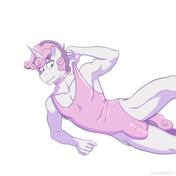 Size: 2048x2048 | Tagged: questionable, artist:shallowwin, derpibooru import, sweetie belle, anthro, pony, unicorn, bodysuit, clothes, crotch bulge, gay, image, male, muscles, muscular male, penis outline, png, rule 63, sexy, silver bell, solo, stallion