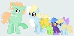 Size: 3765x1870 | Tagged: safe, artist:feather_bloom, derpibooru import, oc, oc:gingerpop, oc:golden stratus, oc:pastry puff, oc:starfall, earth pony, pegasus, pony, bow, female, filly, foal, hair bow, high res, image, male, mare, nervous, png, stallion