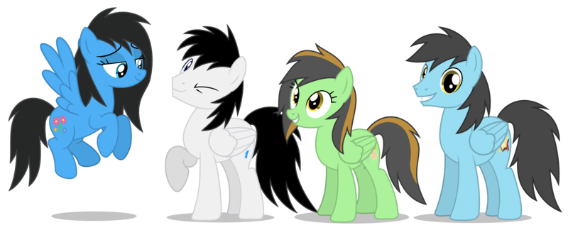Size: 8803x3638 | Tagged: safe, artist:creedyboy124, derpibooru import, oc, oc:olivia lee, oc:sarah lee, oc:seong lee, oc:shane park, pegasus, pony, family, female, group, image, looking at you, male, mare, one eye closed, png, simple background, stallion, transparent background, wink, winking at you