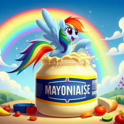 Size: 1024x1024 | Tagged: prompter needed, safe, ai content, derpibooru import, machine learning generated, rainbow dash, pegasus, female, food, g4, generator:bing image creator, generator:dall-e 3, image, jar, jpeg, mayonnaise, rainbow, sauce, solo, solo female, that pony sure does love mayonnaise