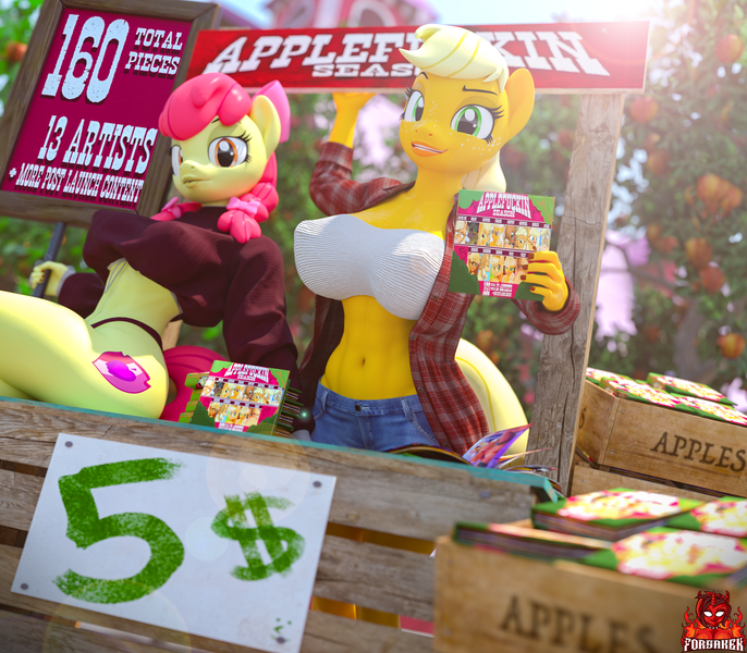 Size: 2240x1960 | Tagged: suggestive, artist:forsaken, derpibooru import, apple bloom, applejack, anthro, earth pony, pony, art pack:applefuckin season, 3d, advertisement, apple, apple tree, belly button, big breasts, breasts, busty apple bloom, busty applejack, clothes, denim, duo, duo female, erect nipples, female, females only, food, high res, image, jeans, mare, midriff, nipple outline, older, older apple bloom, panties, pants, plaid shirt, png, shirt, thong, tree, underwear