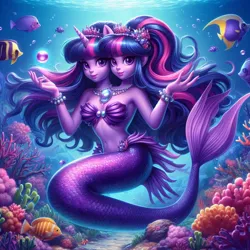 Size: 1024x1024 | Tagged: safe, ai content, derpibooru import, machine learning generated, prompter:mysticsunrise87, twilight sparkle, twilight sparkle (alicorn), alicorn, human, mermaid, fish tail, g4, generator:bing image creator, image, jpeg, mermaid tail, mermaidized, multiple heads, species swap, tail, two heads, two heads are better than one, wat