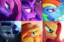 Size: 2250x1500 | Tagged: safe, artist:tazool, derpibooru import, applejack, derpy hooves, fluttershy, pinkie pie, rainbow dash, rarity, twilight sparkle, earth pony, pegasus, pony, unicorn, angry, bust, cloud, collection, female, frown, g4, gritted teeth, hat, image, intense, looking up, mane six, mare, night, nose wrinkle, open mouth, painting, pinkamena diane pie, png, portrait, rainbow, scrunchy face, shooting star, sky, smiling, stars, straw in mouth, teeth, unamused