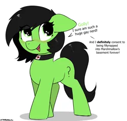 Size: 1470x1407 | Tagged: safe, artist:marshmallowfluff, derpibooru import, oc, oc:anonfilly, oc:censy, unofficial characters only, earth pony, pony, collar, female, filly, image, implied kidnapping, implied lesbian, open mouth, png, shitposting, simple background, solo, text