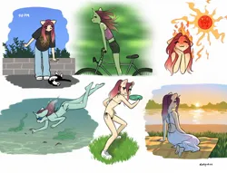 Size: 2048x1561 | Tagged: safe, artist:katputze, derpibooru import, oc, oc:crimson sunset, unofficial characters only, anthro, cat, plantigrade anthro, pony, unicorn, barefoot, bicycle, bikini, black swimsuit, clothes, dress, eye clipping through hair, eyes closed, feet, female, fire, frisbee, goggles, image, jpeg, mare, micro bikini, no tail, picnic blanket, shoes, sitting, sneakers, soles, solo, sun, sundress, sunset, sweat, swimsuit, underwater, water, wind, windswept mane