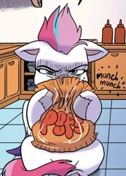 Size: 750x1049 | Tagged: safe, artist:amy mebberson, derpibooru import, idw, zipp storm, pegasus, pony, g5, spoiler:comic, spoiler:g5comic, spoiler:g5comic19, adorazipp, angry, chips, cropped, cute, eating, emanata, female, food, hoof hold, image, jpeg, madorable, mare, onomatopoeia, sitting, solo, unshorn fetlocks