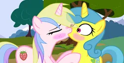 Size: 750x385 | Tagged: safe, artist:silentfilly, derpibooru import, holly dash, lemon hearts, pony, unicorn, background used, base used, blushing, duo, duo female, eyes closed, female, females only, hollyhearts, image, kiss on the lips, kissing, lesbian, mare, png, shipping, surprised