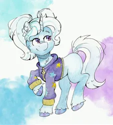 Size: 3543x3914 | Tagged: safe, artist:lightisanasshole, derpibooru import, trixie, pony, unicorn, alternate hairstyle, babysitter trixie, clothes, cute, diatrixes, female, gameloft, hoodie, image, jacket, jpeg, mare, pigtails, raised hoof, smiling, solo, twintails, unshorn fetlocks