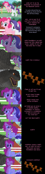 Size: 1280x4936 | Tagged: safe, artist:mlp-silver-quill, derpibooru import, pinkie pie, rarity, kaiju, comic:pinkie pie says goodnight, g5, my little pony: make your mark, crossover, faint, godzilla, godzilla (series), godzilla: minus one, image, jaw drop, png